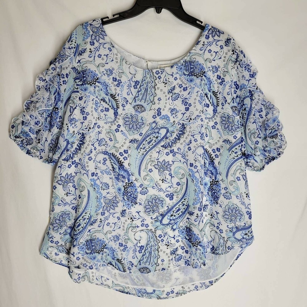 Cato est 1946 Womens Blouse Blue White Paisley Short Sleeve Keyhole Ruffles XL